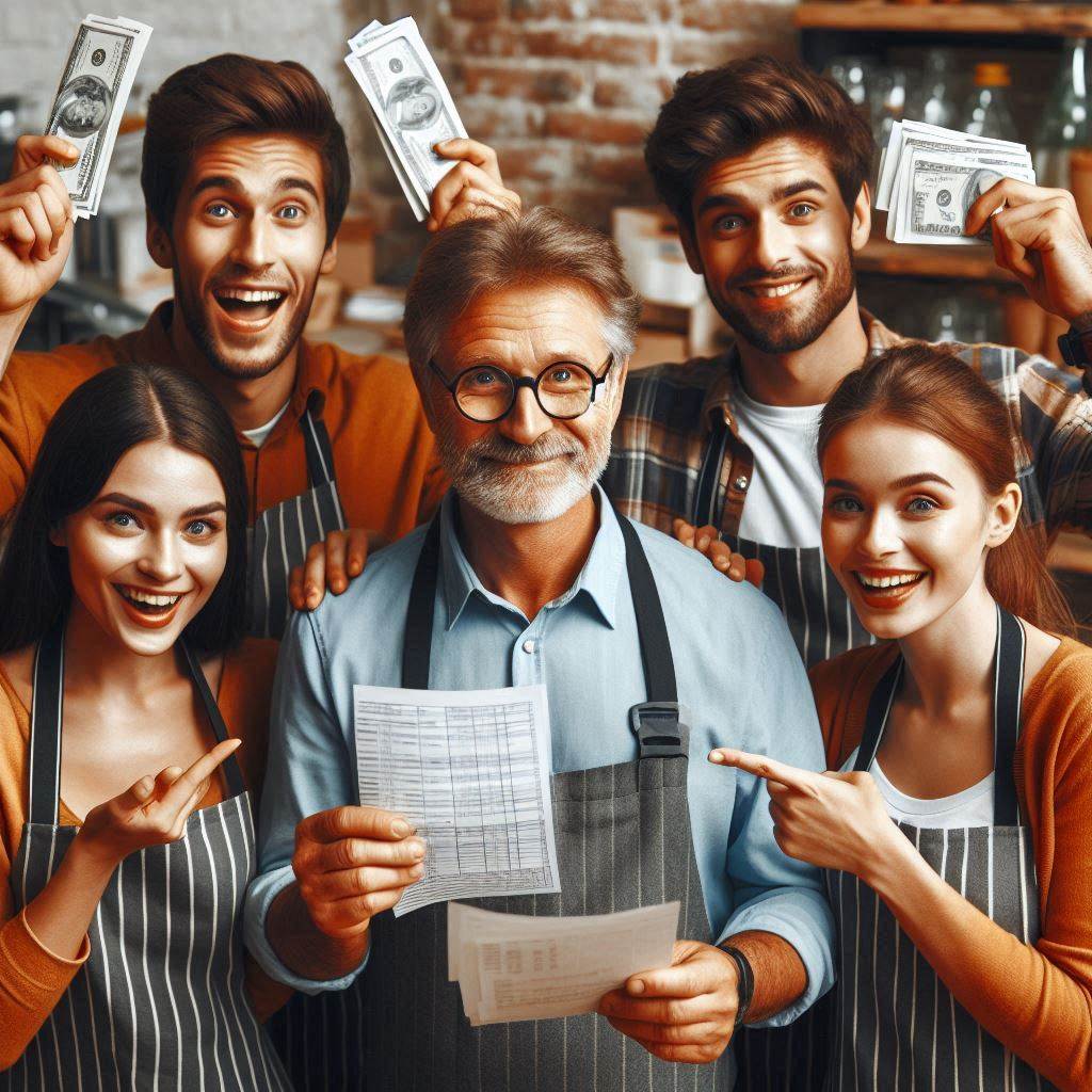 Un chef d'entreprise et ses salariés heureux de leurs rémunérations grâce au plan d'épargne entreprise